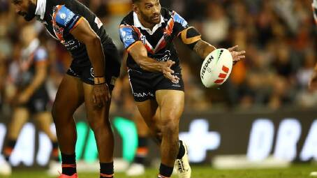 Apisai Koroisau in action for Wests Tigers in their round eight loss to the Broncos. (Brett Costello/AAP PHOTOS)