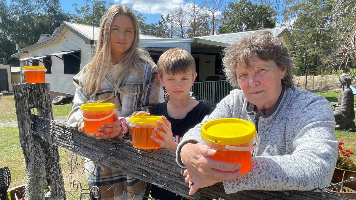 Natalie Huxley, her son Ari and mother-in-law Dianne Nolan are concerned about their beekeeping future. Picture by Samantha Townsend