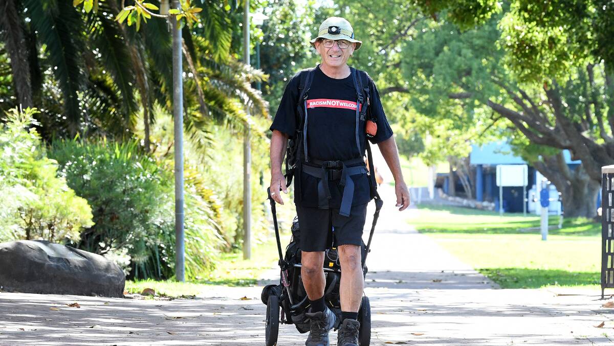 Peter Elzer is waling 2023 kilometres in a journey across three states to raise awareness about racism. Photo Scott Calvin