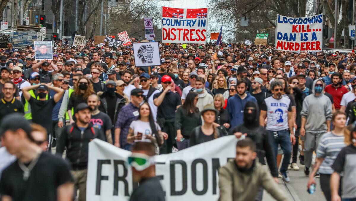 Anti-lockdown protesters gathered in Melbourne in August 2021 despite current COVID-19 restrictions prohibiting outdoor gatherings. Picture Getty Images