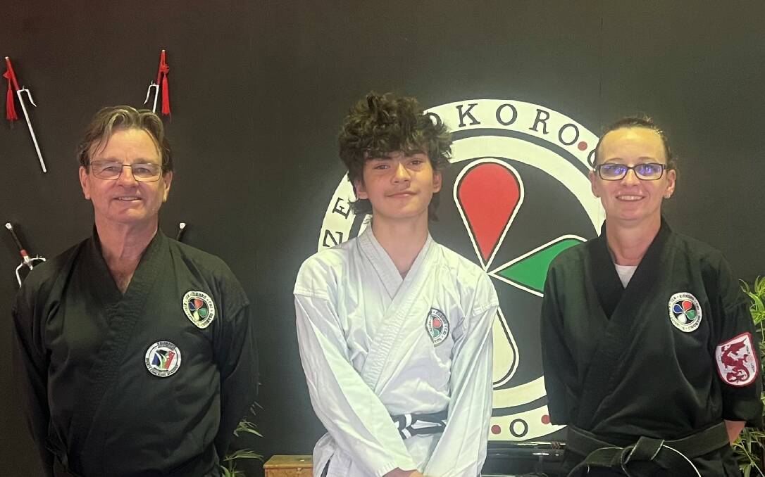 Zen Chi Ryu Martial Arts instructors Richard Kinny and Debbie Swanson with Kaiden Sheppard. Picture supplied