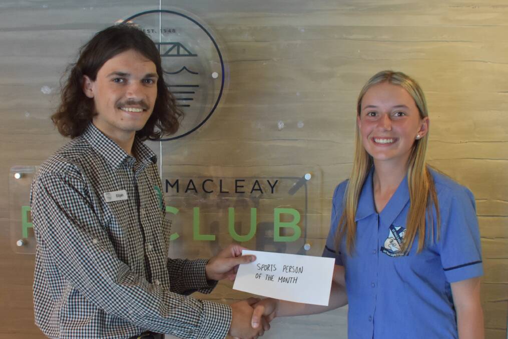 Kempsey Macleay RSL Club's Elijah Silva with Sportsperson of the Month winner Phoebe Laws. Picture by Mardi Borg