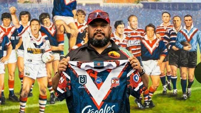 Jason Ridgeway in 2021 with his design for the Sydney Roosters. Picture supplied
