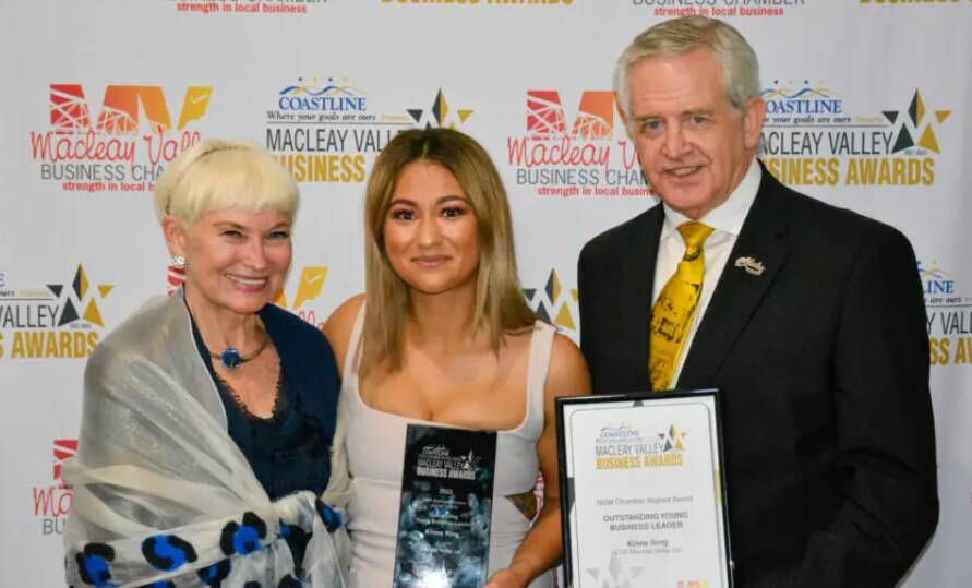 Last year's Outstanding Young Business Leader Kinne Ring (centre) with former Kempsey mayor Liz Campbell (left) and Regional Director of Business NSW Kellon Beard. Picture from Macleay Valley Business Chamber