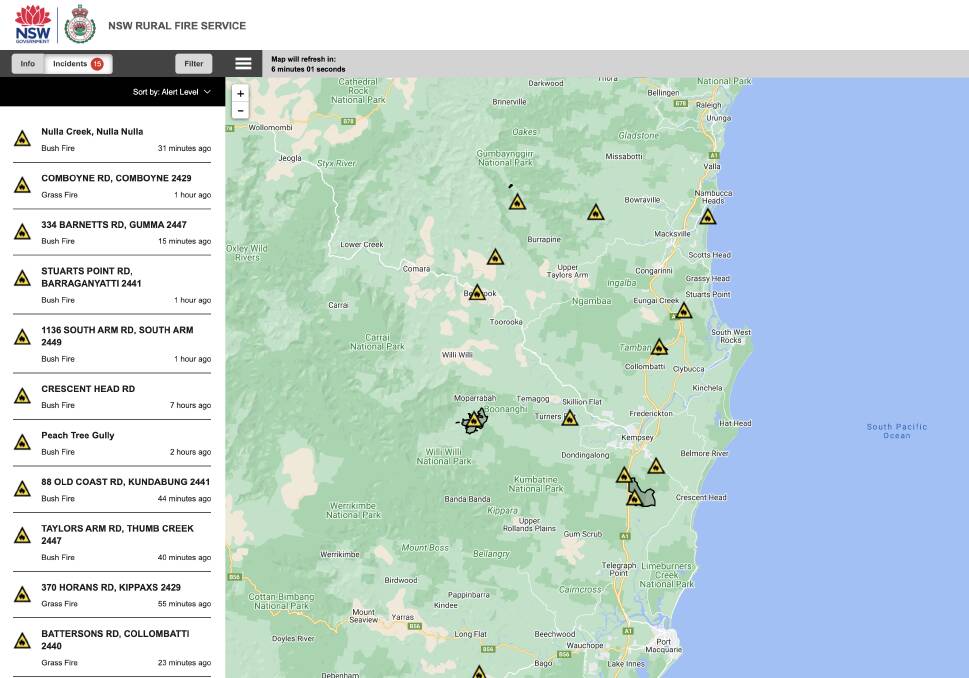 A screenshot of fires burning in the region on Saturday, August 26. From rfs.nsw.gov.au/fire-information/fires-near-me