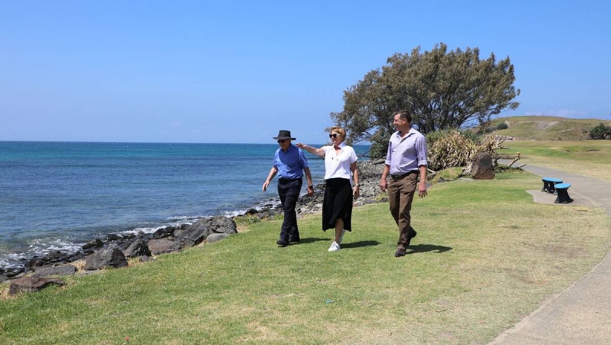 Kempsey Shire mayor Leo Hauville (left) walks Crescent Head coastline with current local member for Oxley Melinda Pavey and Oxley candidate Michael Kemp. Picture by Annabelle Sneddon