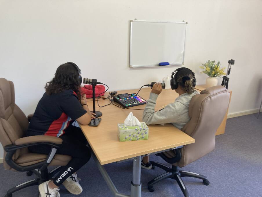 Kempsey students learn the art of podcasting to record stories and knowledge from their Elders. Pictures supplied by Amie Jacky