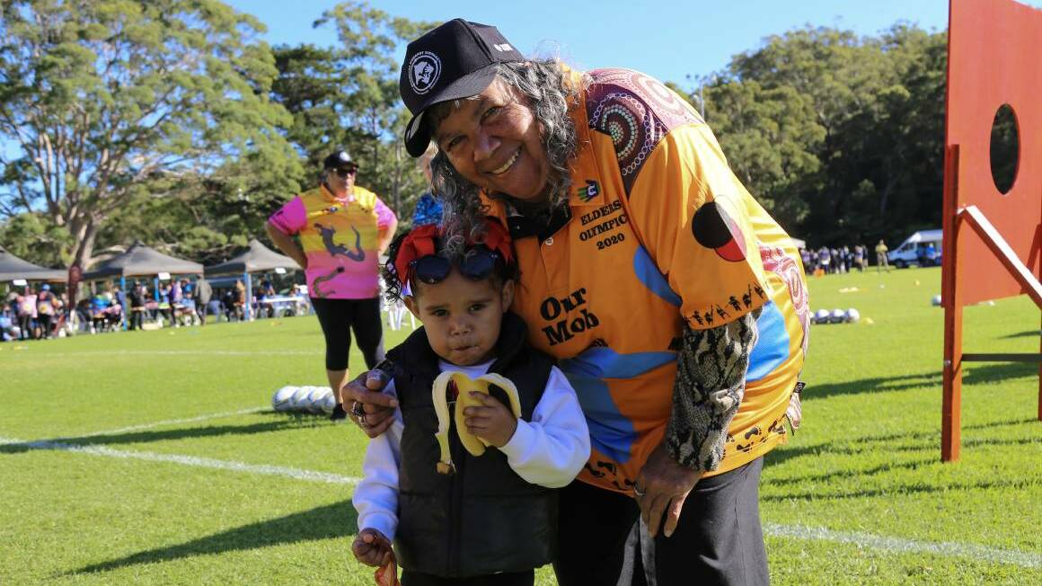 Zonnique Boney, 2, with great grandmother Margie Buchannan, from Nambucca Heads, the 2023 Elders Olympics held in Nelson Bay on Thursday, May 4, 2023. Picture by Ellie-Marie Watts