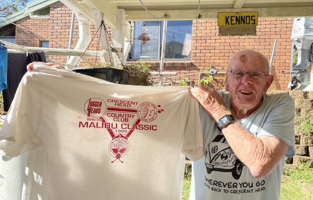 As president of The Malibu Club in 1989 "Kenno" started 'The Classic' competition with a committee. Here he holds the first tee-shirts made for the inaugural event. Picture by Ellie Chamberlain