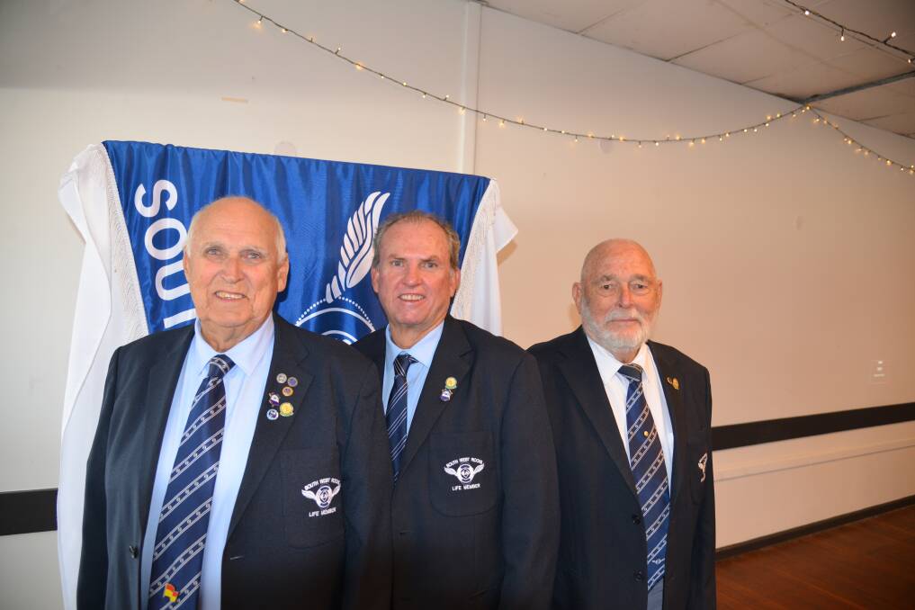 All smiles after Rod McDonagh (middle) is presented with the prestigious Life Governor award from current Life Governors Bruce Caldwell (left) and Tony Hayes OAM (right). Picture supplied SWRSLSC