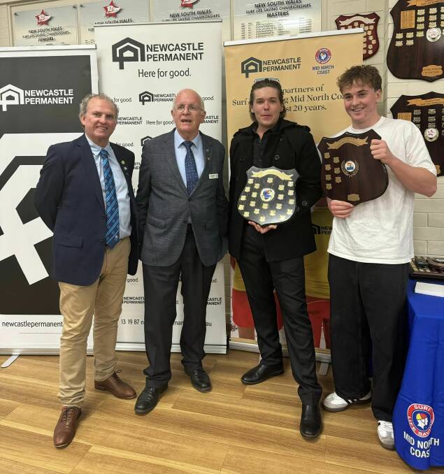(L-R) SWRSLSC President Rod McDonagh, Kempsey Shire Mayor Leo Hauville and award winners Jarrod Hasler and Ollie Byrne. Picture supplied / SWRSLSC