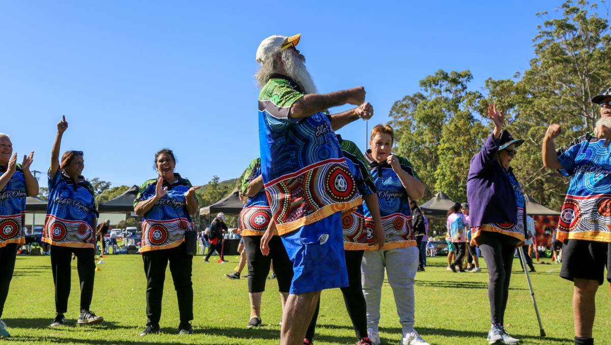 Biripi Uncle Gordon McDonald, from Taree, celebrating after a successful round of quoits during the 2023 Elders Olympics held in Nelson Bay on Thursday, May 4, 2023. Picture by Ellie-Marie Watts