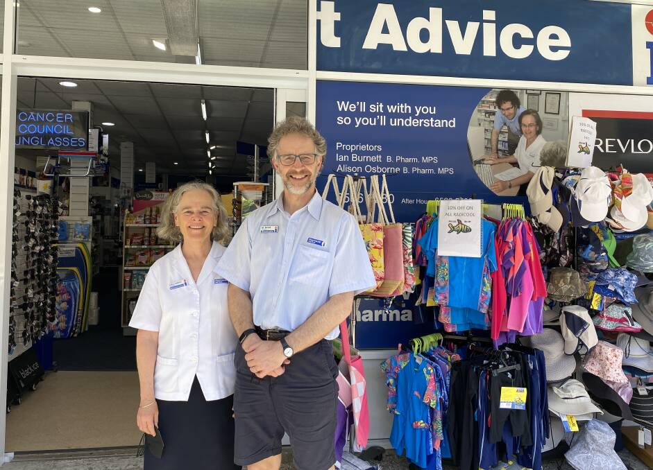 Alison Osborne and Ian Burnett handover South West Rocks Pharmacist Advice to new owners after 70 years in the family. Pictures by Ellie Chamberlain