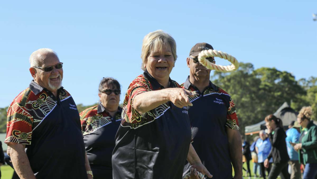 Worimi Aunty Margo Beavan, from Karuah's Indigeco Elders team, tossing a quoit during the 2023 Elders Olympics held in Nelson Bay on Thursday, May 4, 2023. Picture by Ellie-Marie Watts