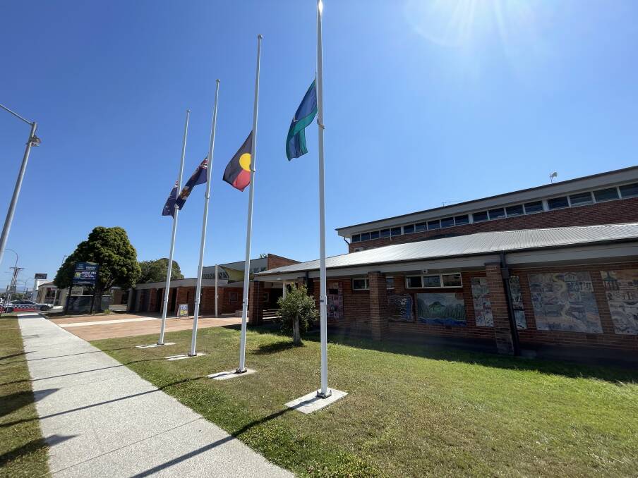 Flags flew at half-mast for Terry Giddy on Tuesday, September 19, outside Kempsey Council Chambers. Picture by Ellie Chamberlain