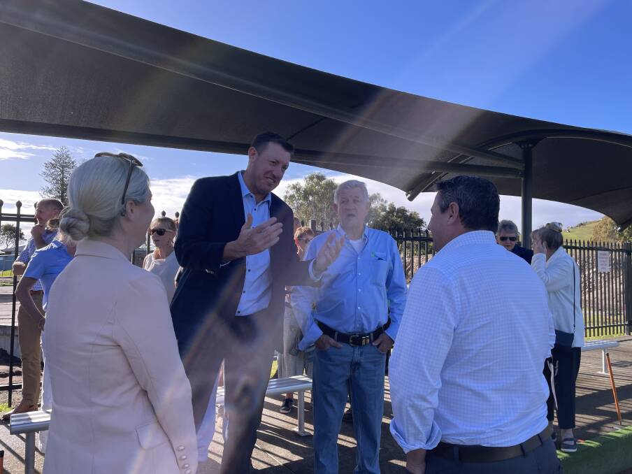 Member for Oxley Michael Kemp and Federal MP for Cowper Pat Conaghan discuss the benefits of the new mini golf course facility in Crescent Head. Picture by Ellie Chamberlain