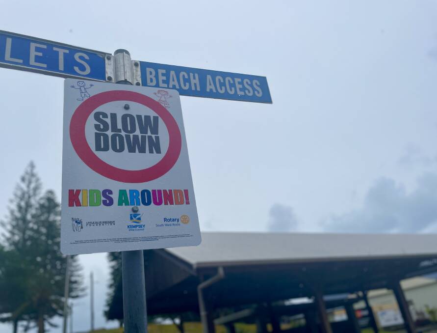 Slow Down Kids Around safety signs launched by Little Blue Dinosaur Foundation and supported by South West Rocks Rotary Club and Kempsey Shire Council. Picture by Ellie Chamberlain