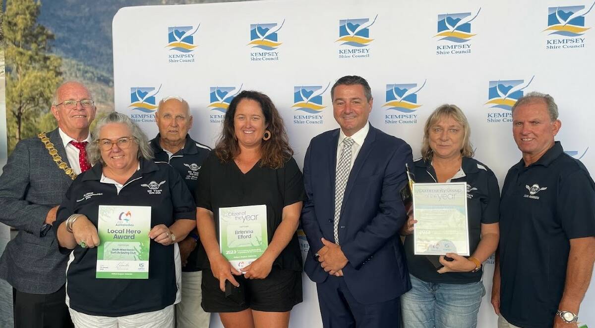 Kempsey Shire Council's Community Group of the Year South West Rocks Surf Life Saving Club with Mayor Leo Hauville and Member for Cowper Pat Conaghan. Picture by Emily Walker