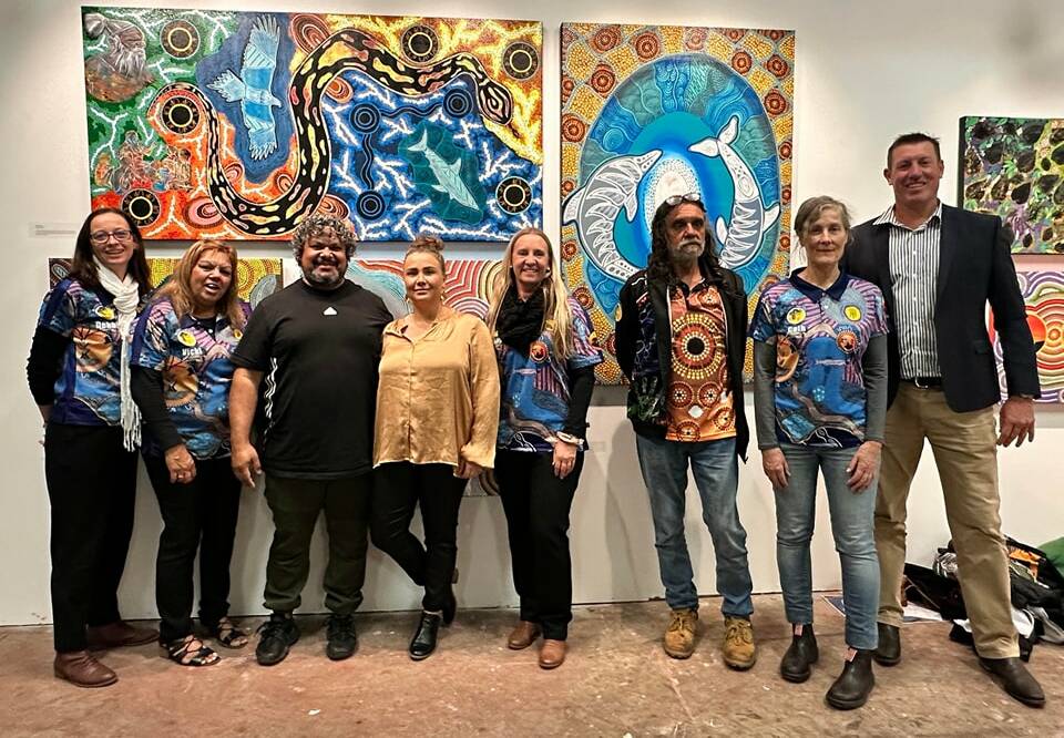 Dunghutti artist Jason Ridgeway was join by family, friends, his mentor Uncle John Kelly and Member for Oxley Michael Kemp for the opening of his solo exhibition at Newington College. Picture supplied