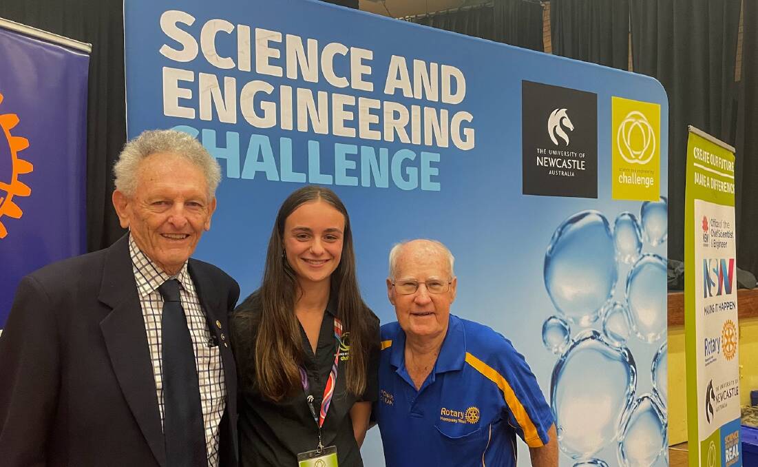 Former Rotary district governor Garry Johnson and West Kempsey Rotary Club Science Challenge Co-ordinator Richard O'Leary with Kempsey SEC team leader Rachel McGivern. Picture by Emily Walker