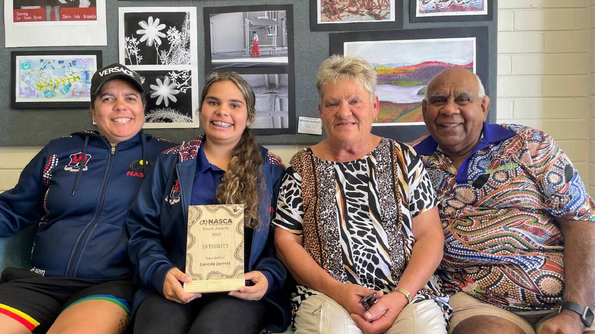 Very proud: Kempsey High School NASCA team leader Misty Kelly with Laveda Jarrett, Aunty Rosemary and Uncle Eddie Vale. Picture by Emily Walker