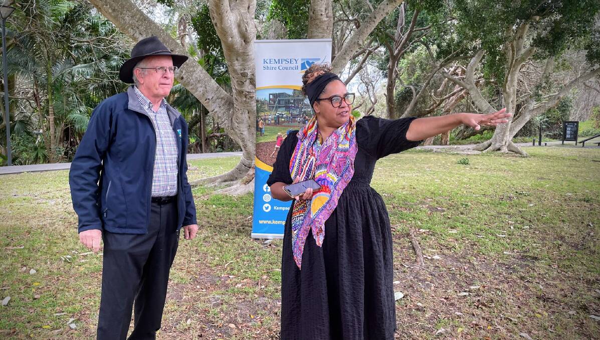 Kempsey Shire Mayor Leo Hauville and Sky Stories creative director Nancy Pattison discuss the art that will be displayed at Brighton Park, South West Rocks. Picture by Emily Walker