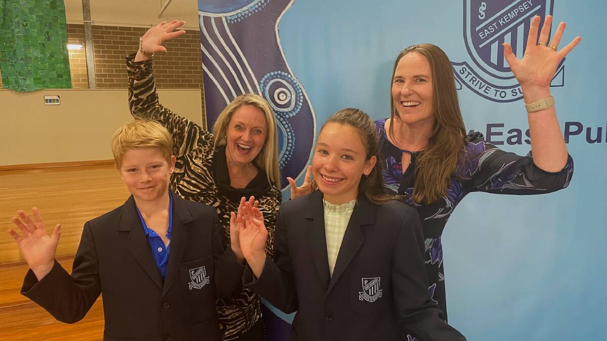 Kempsey East Public School captains Perry Kennedy and Stella Hudson celebrate 175 years of public education with Principal Penny Chow and Educational Leadership Macleay Valley Network director Emma Jeffery. Picture by Emily Walker