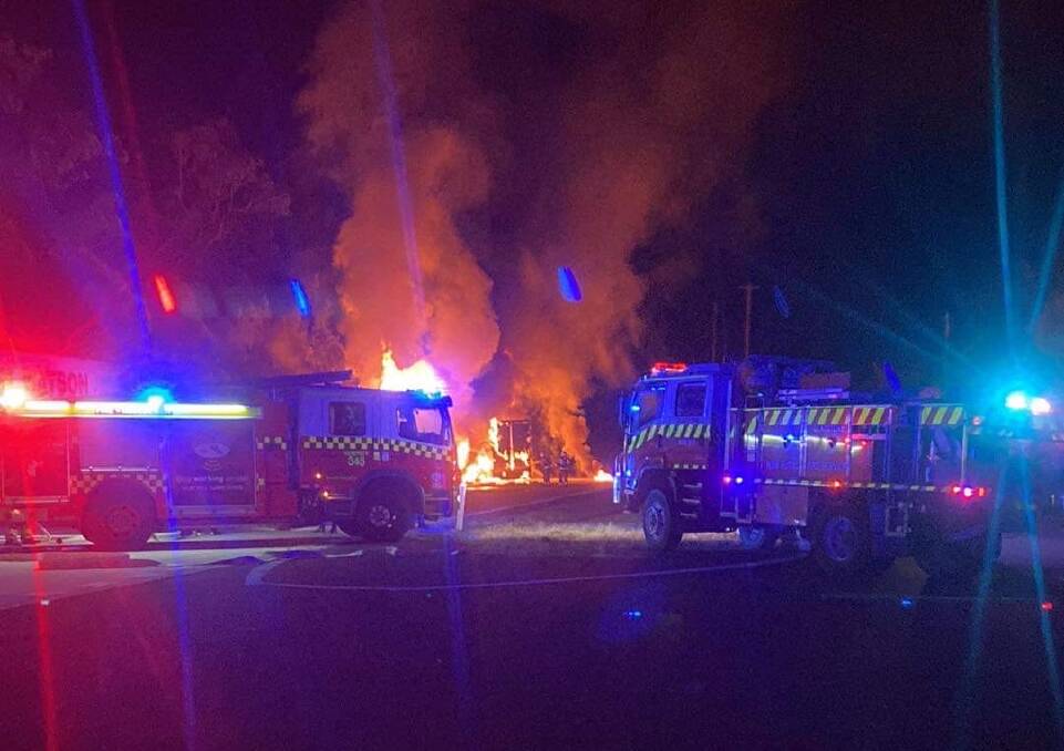 Local RFS crews joined Fire and Rescue trucks from Macksville and Kempsey attending to the fire with specialist trucks also arriving. Picture supplied by Kempsey Police.