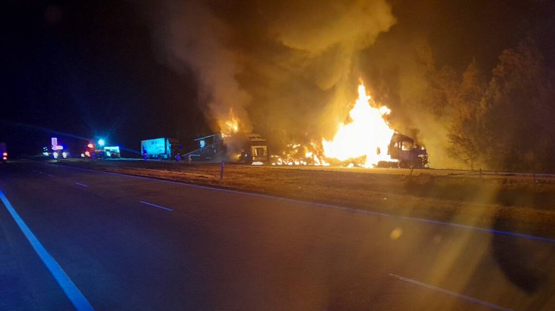 One of the trucks involved in the crash has been destroyed due to fire damage. Picture supplied by Kempsey Police