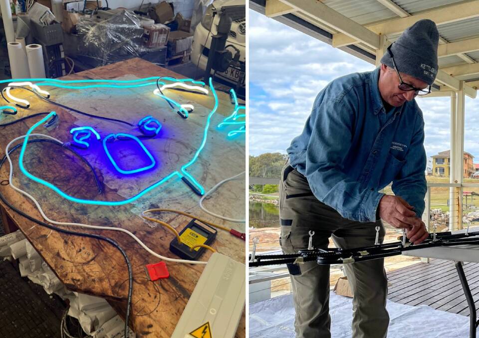 Left: Neon art designed by Freeda Roberts and Nancy Pattison will be shown at Sky Stories. Right: Michale Blazek from Neon Sighns Australia prepares armature to hold neon light display. Picture provided/Emily Walker