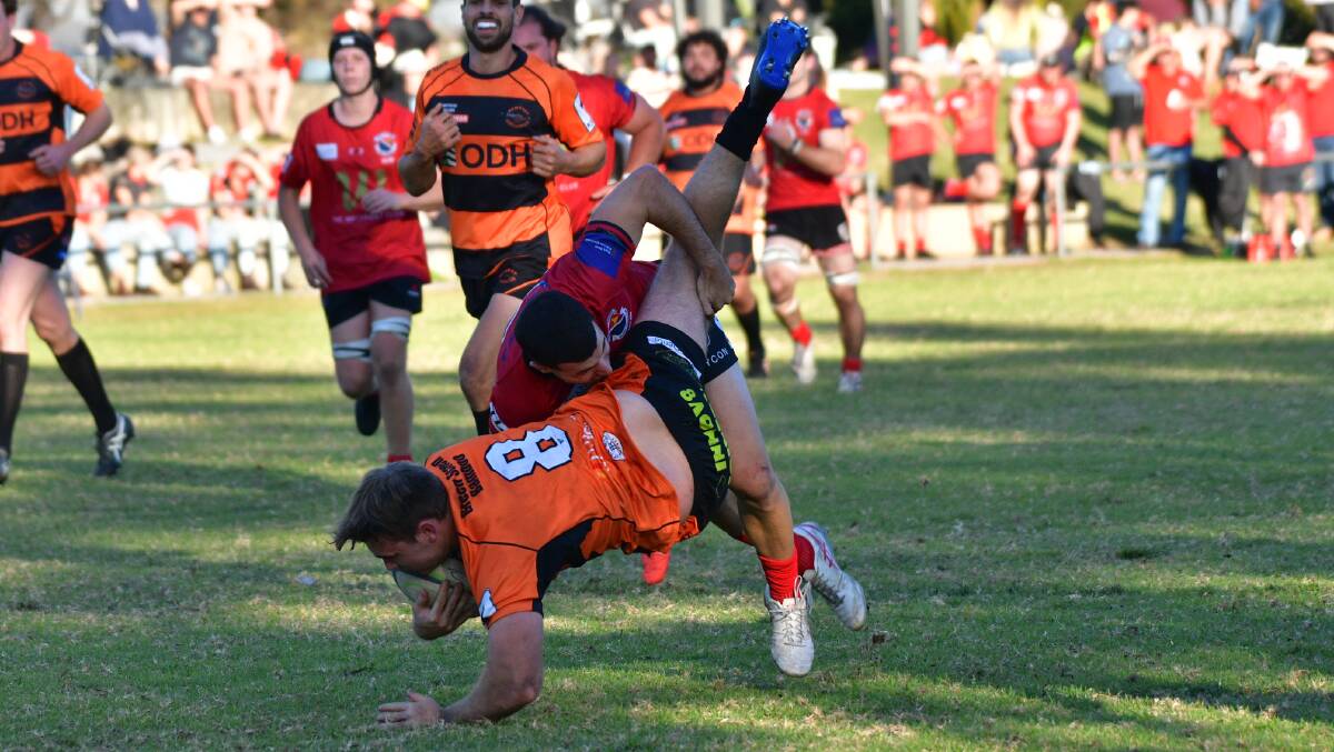 Rhys Martin makes a tackle in Port Macquarie's 47-21 win over Kempsey. Picture by Paul Jobber