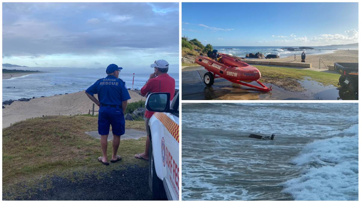 There were two emergency boat rollovers on January 1 and January 2 at South West Rocks. Pictures courtesy of Surf Life Saving Mid North Coast (SLSMNC) (left and top right). Boat rollover at Back Creek on Jan 1 (bottom right). Picture by Anne and David Wallis 