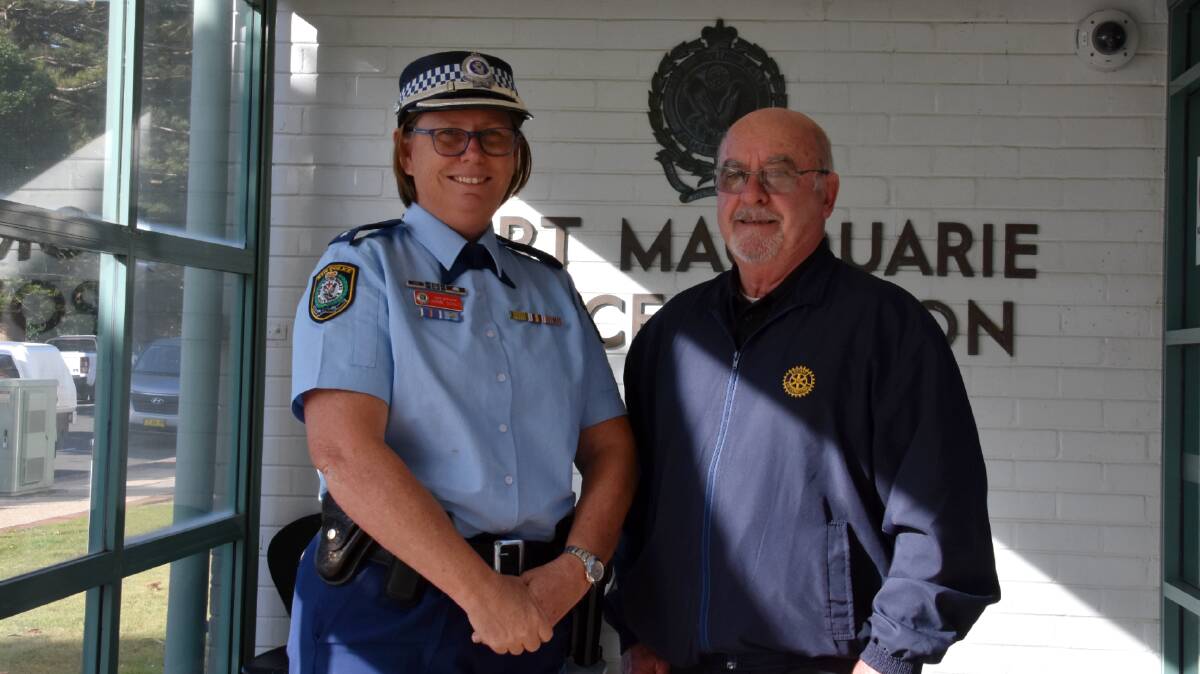 Mid North Coast Police District Acting Superintendent Joanne Schultz and Barry Hacker from Rotary E-Club of District 9650. Picture by Ruby Pascoe