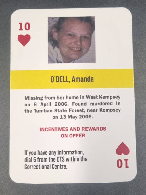Amanda O'Dell's details appear on one of the playing cards being handed out in NSW prisons. Photo: Corrective Services 