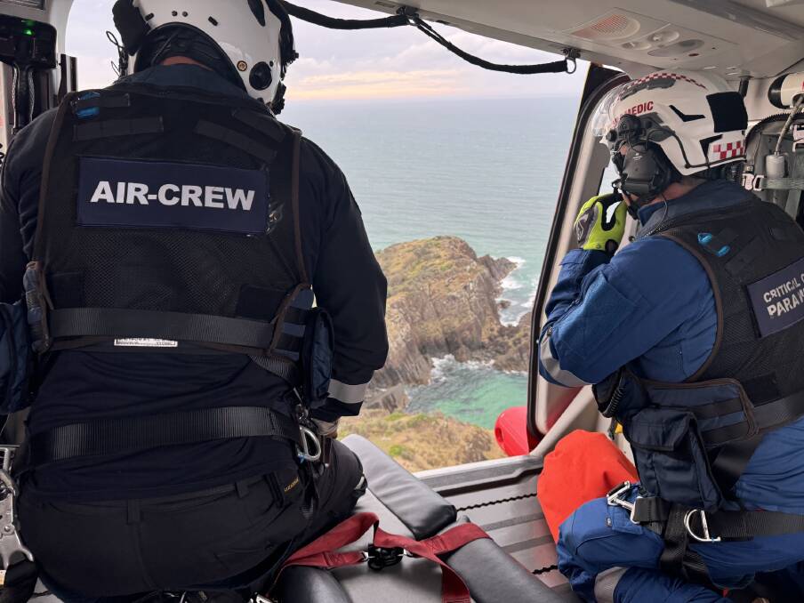 The woman was airlifted to Port Macquarie Base Hospital after suffering leg injuries on a coastal walk at Hat Head. Picture supplied Dr Marrit Talsma, NSW Health, Helicopter Critical Care Medical Team 
