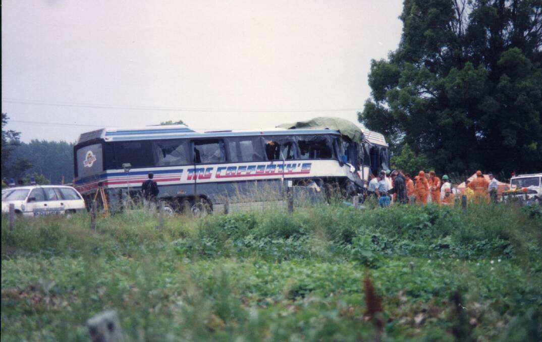 Emergency responders at the Clybucca bus accident. Photo: The Macleay River Historical Society 