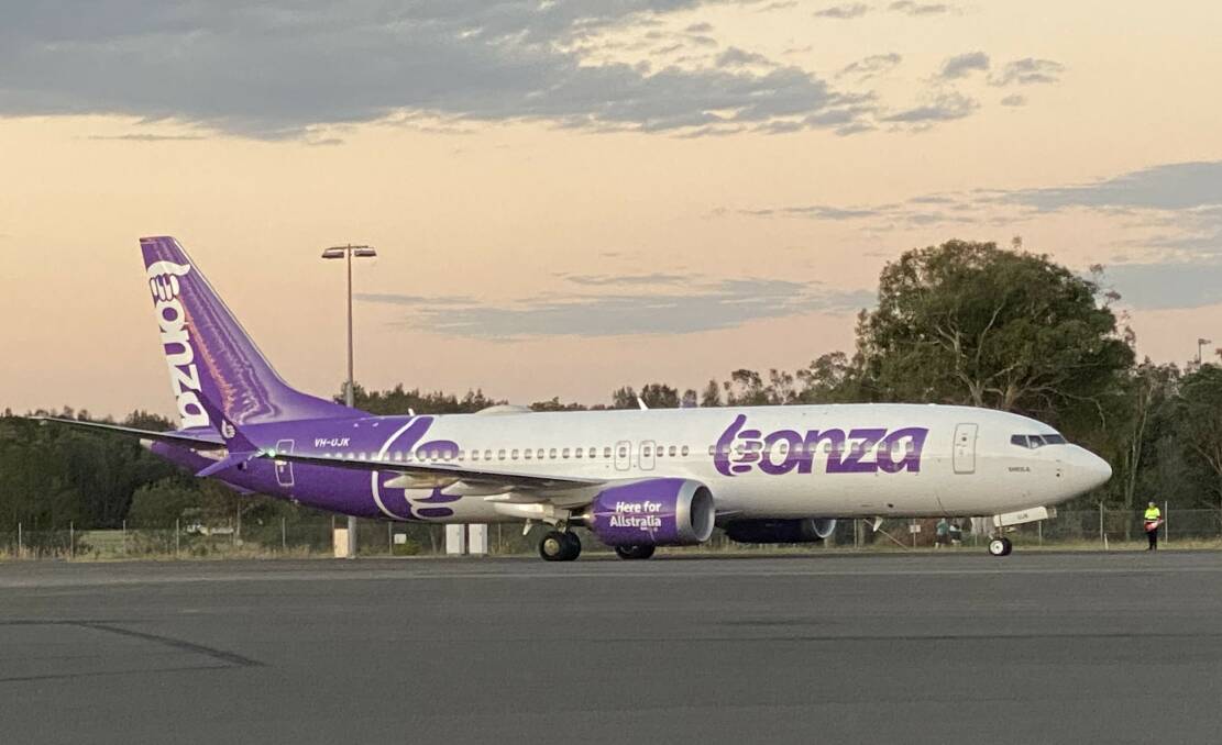 The first Bonza passenger flight from the Sunshine Coast arrives at Port Macquarie Airport in April. Picture supplied by Port Macquarie-Hastings Council