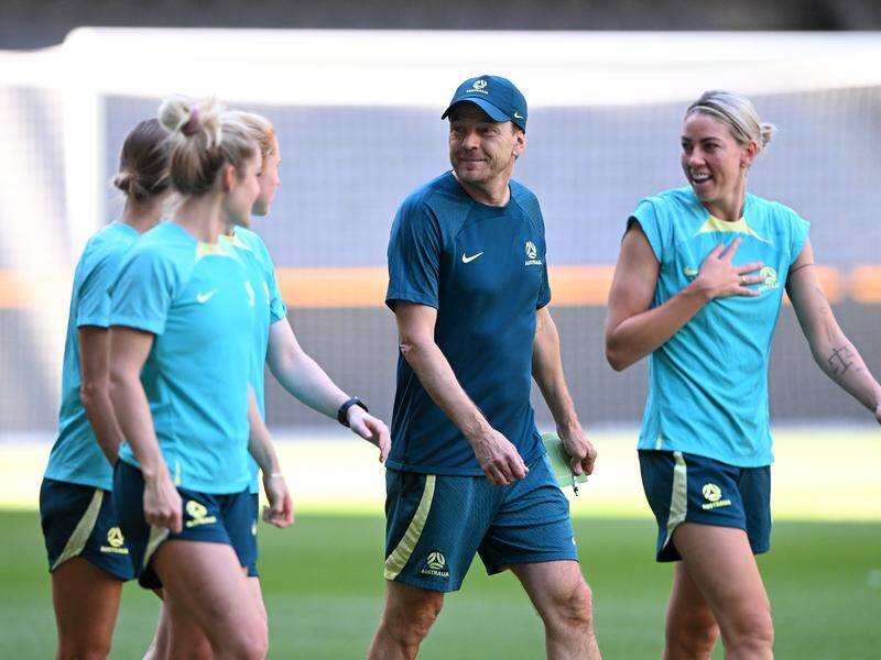 Head coach Tony Gustavsson (centre) during a Matildas training session earlier this year. (James Ross/AAP PHOTOS)